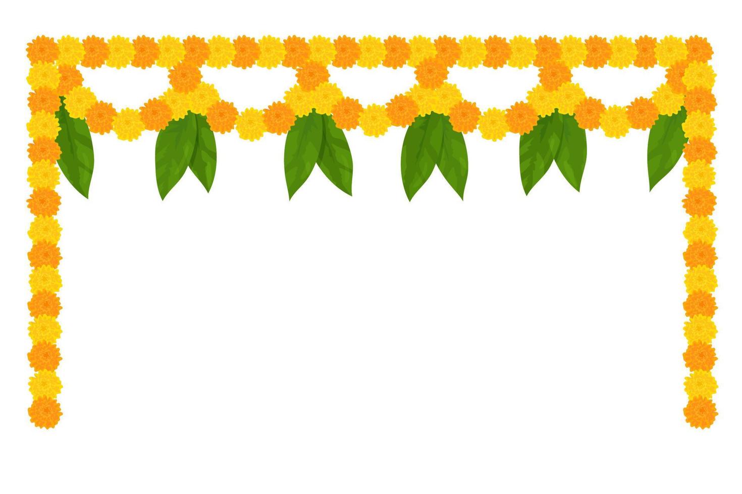 guirnalda tradicional de flores indias con flores de caléndula y hojas de mango. decoración para fiestas hindúes indias. ilustración vectorial aislado sobre fondo blanco. vector