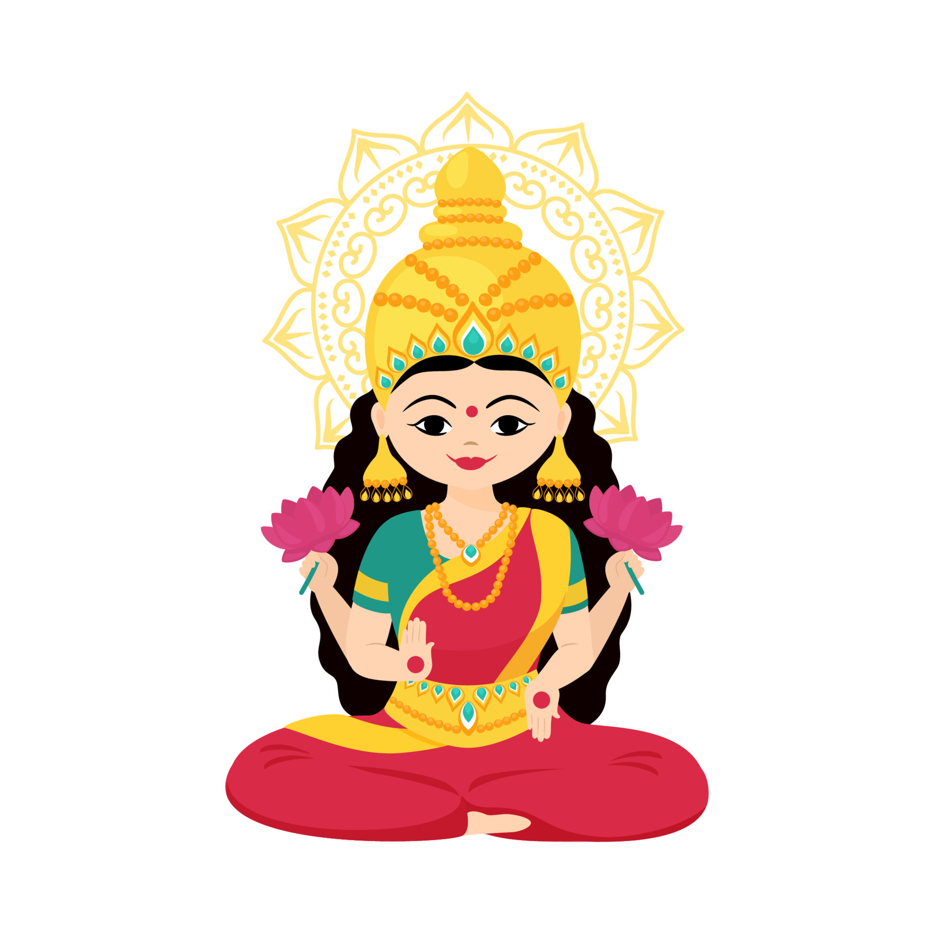Goddess Lakshmi with of money and flowers in her hands. Vector cartoon  illustration isolated on white background. 12954831 Vector Art at Vecteezy
