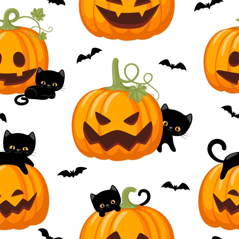 Halloween seamless pattern with pumpkin, black cats and bats. Holiday happy design. Vector illustration.