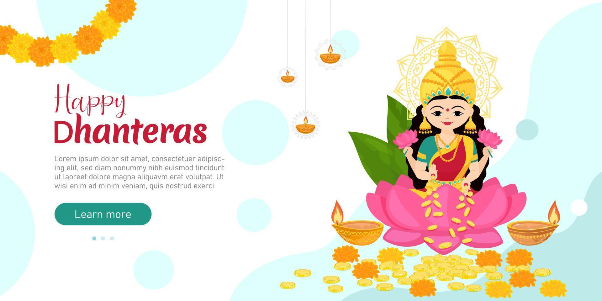 Goddess Lakshmi sitting on the lotus with of money and flowers in her hands. Design for holiday banner template. Traditional Indian festivals. Vector cartoon illustration.