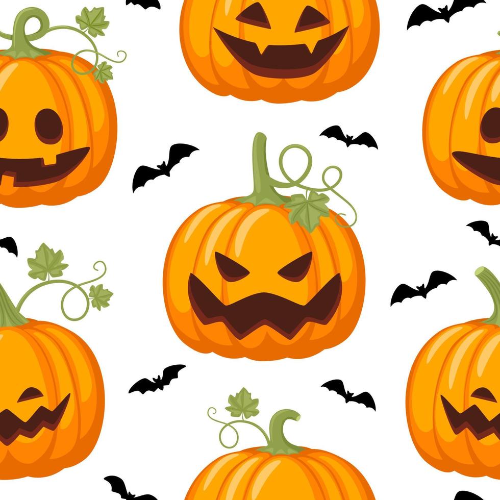 Halloween seamless pattern with pumpkin and bats. Holiday happy design. Vector illustration.