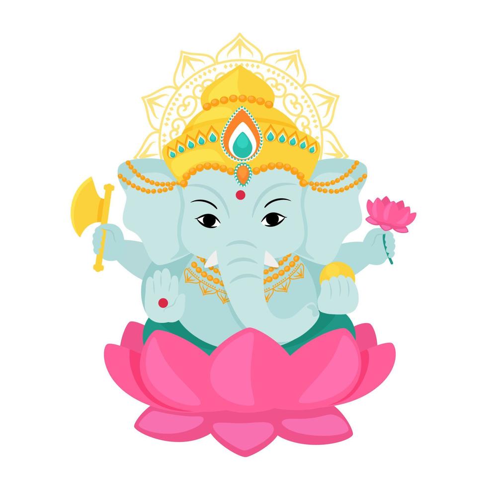 la diosa ganesha es el dios indio de la riqueza y la abundancia sentado en el loto. ilustración de dibujos animados de vector aislado sobre fondo blanco.