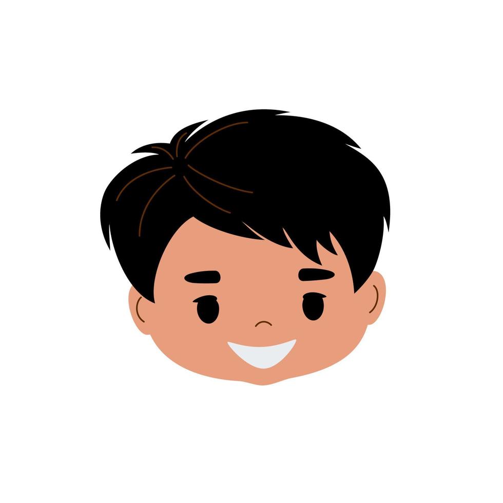 hermoso chico oscuro sonriendo. cabeza de icono de niño con emociones felices. ilustración de vector de dibujos animados plana aislada sobre fondo blanco.