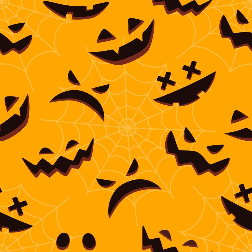 Halloween pumpkins carved faces silhouettes seamless pattern with cobwebs. Scary and funny faces of Halloween pumpkin or ghost. Vector illustration.