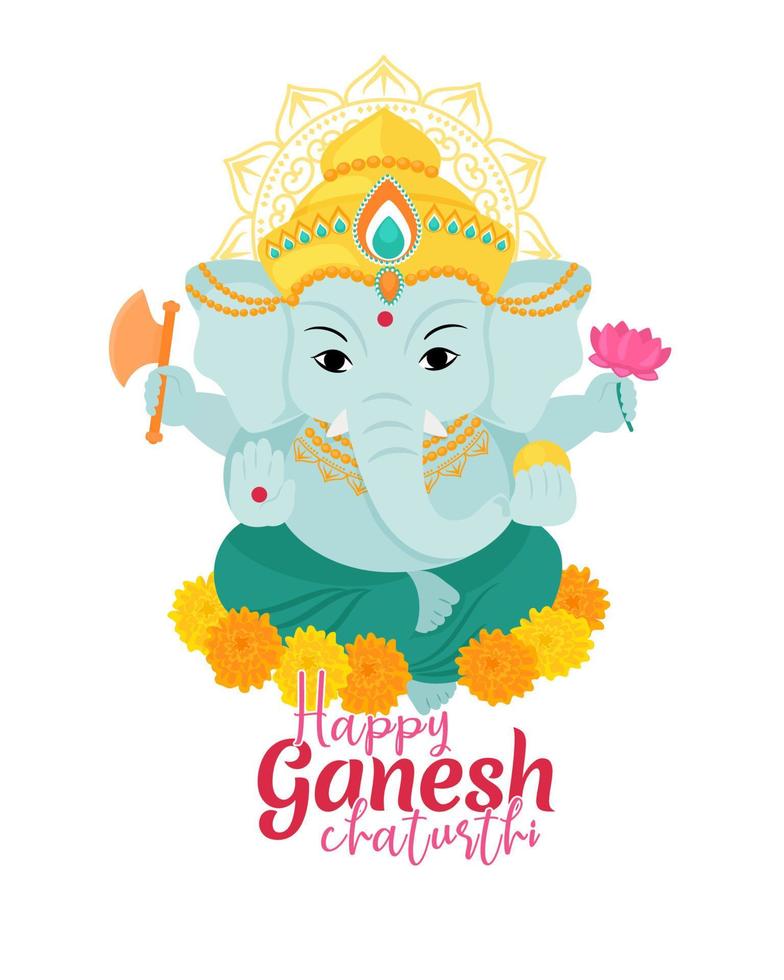 Happy Ganesh Chaturthi greetings. Design for holiday banner or poster. Traditional Indian festivals. Vector illustration isolated on white background.