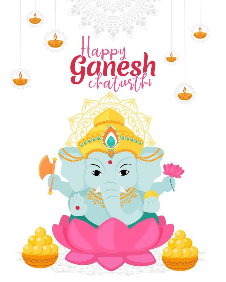 Happy Ganesh Chaturthi greetings. Design for holiday banner or poster. Traditional Indian festivals. Vector illustration isolated on white background.