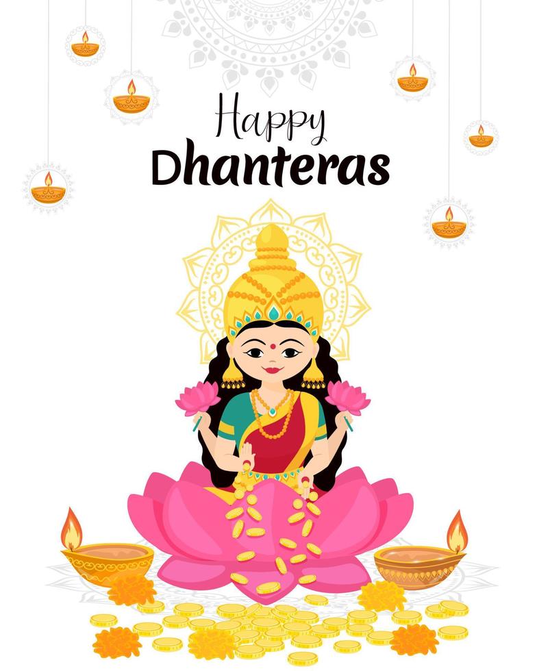 Goddess Lakshmi sitting on the lotus with of money and flowers in her hands. Design for holiday banner or card template. Traditional Indian festivals. Vector cartoon illustration.
