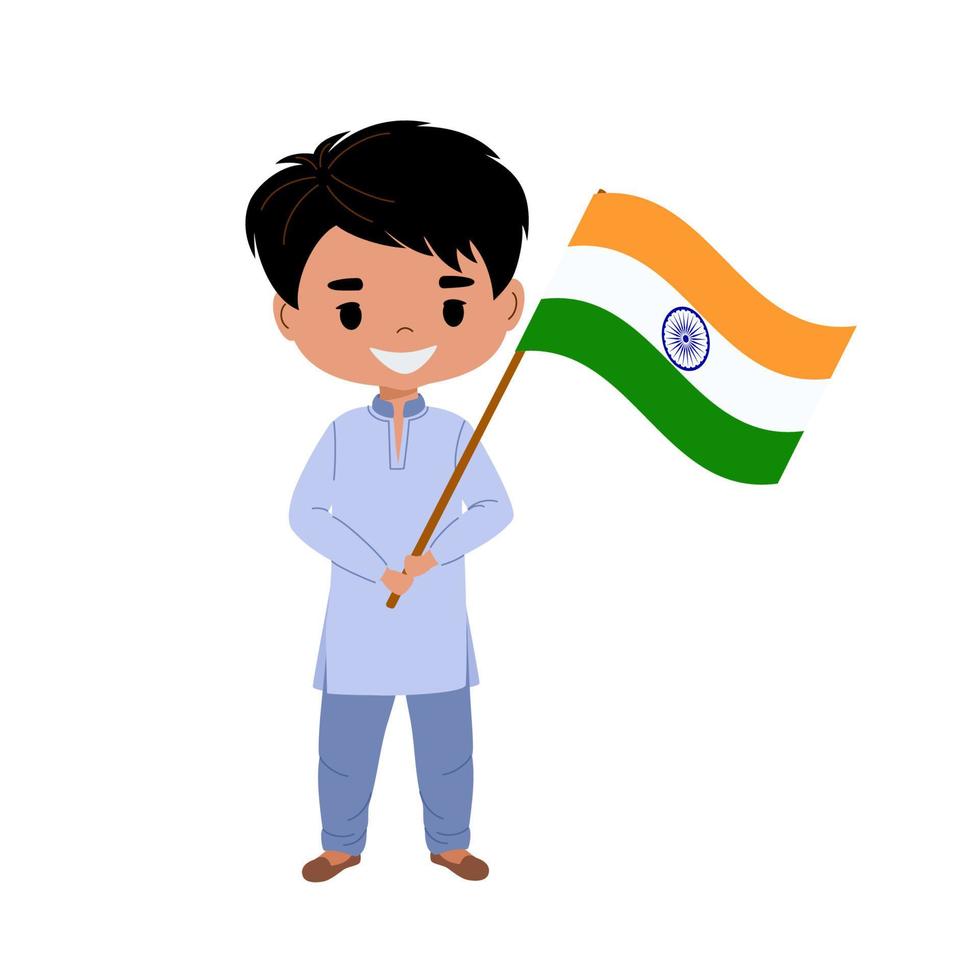 niño indio en traje nacional sosteniendo la bandera de la india. ilustración de vector plano en estilo moderno.