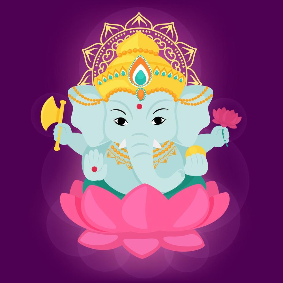 Goddess Ganesha is the Indian god of wealth and abundance sitting on the lotus. Vector cartoon illustration.
