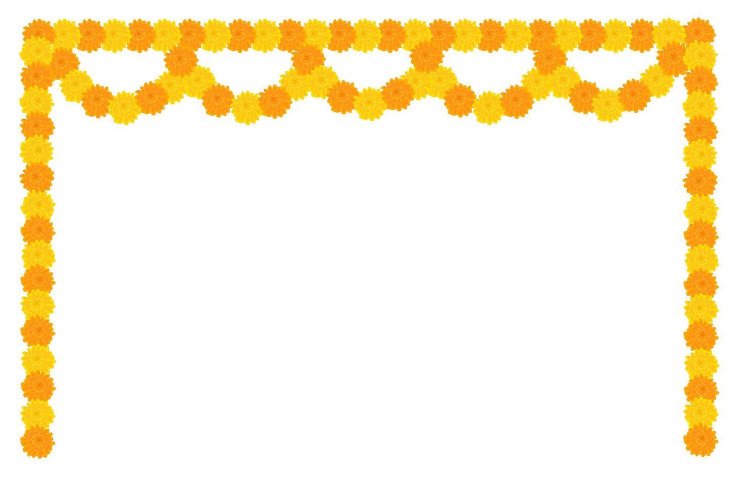 Traditional Indian flower garland frame with marigold flowers. Decoration for Indian Hindu holidays. Vector illustration isolated on white background.