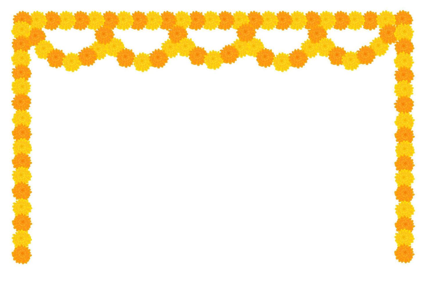 Traditional Indian flower garland frame with marigold flowers. Decoration for Indian Hindu holidays. Vector illustration isolated on white background.