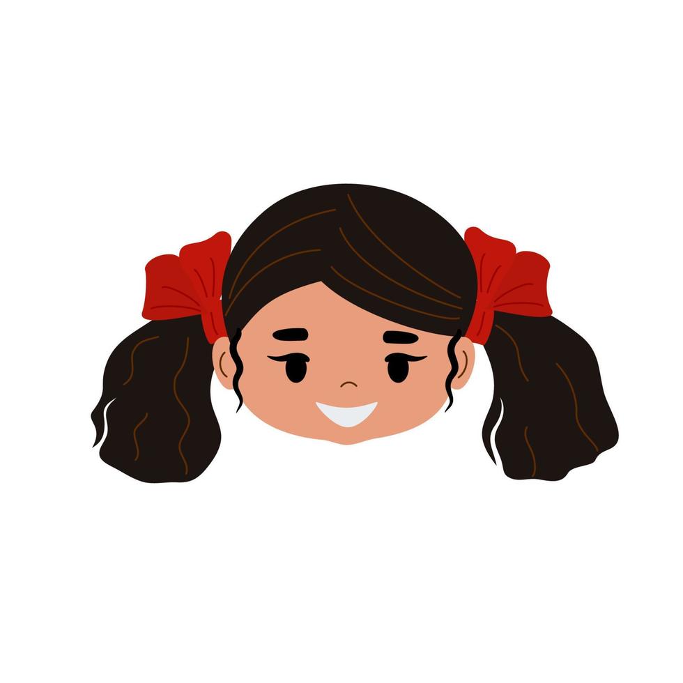 hermosa chica morena sonriendo. cabeza de icono de niño con emociones felices. ilustración de vector de dibujos animados plana aislada sobre fondo blanco.