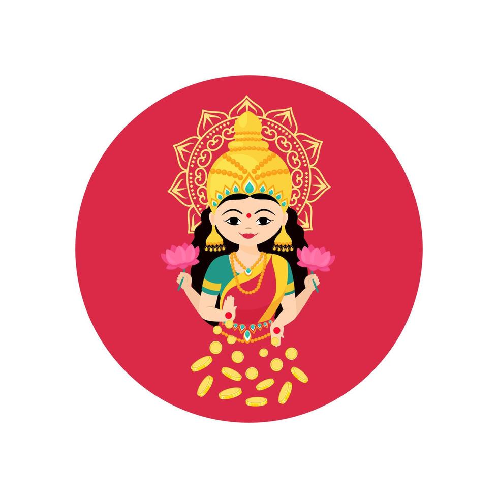 Goddess Lakshmi sitting on the lotus with of money and flowers in her hands. Icons vector cartoon illustration isolated on white background.