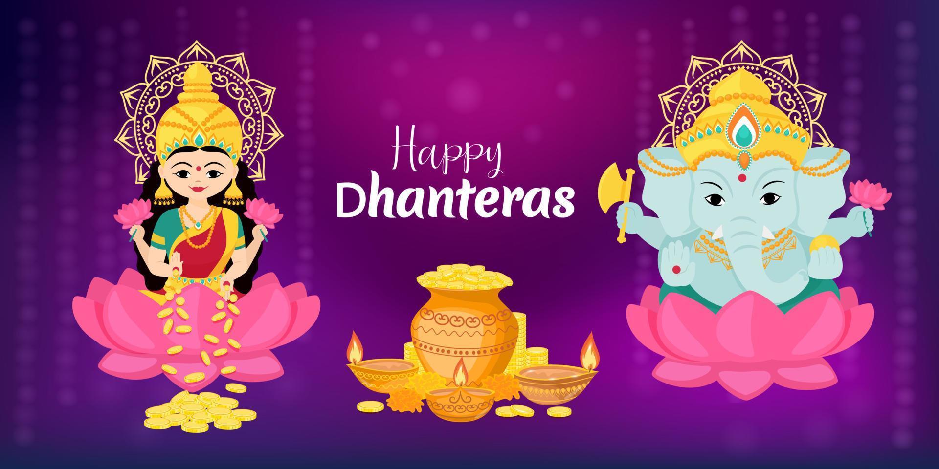Happy Dhanteras. Goddess Lakshmi and God Ganesha sit on a lotus. Traditional Indian festival of lights. Vector illustration for banner or poster.