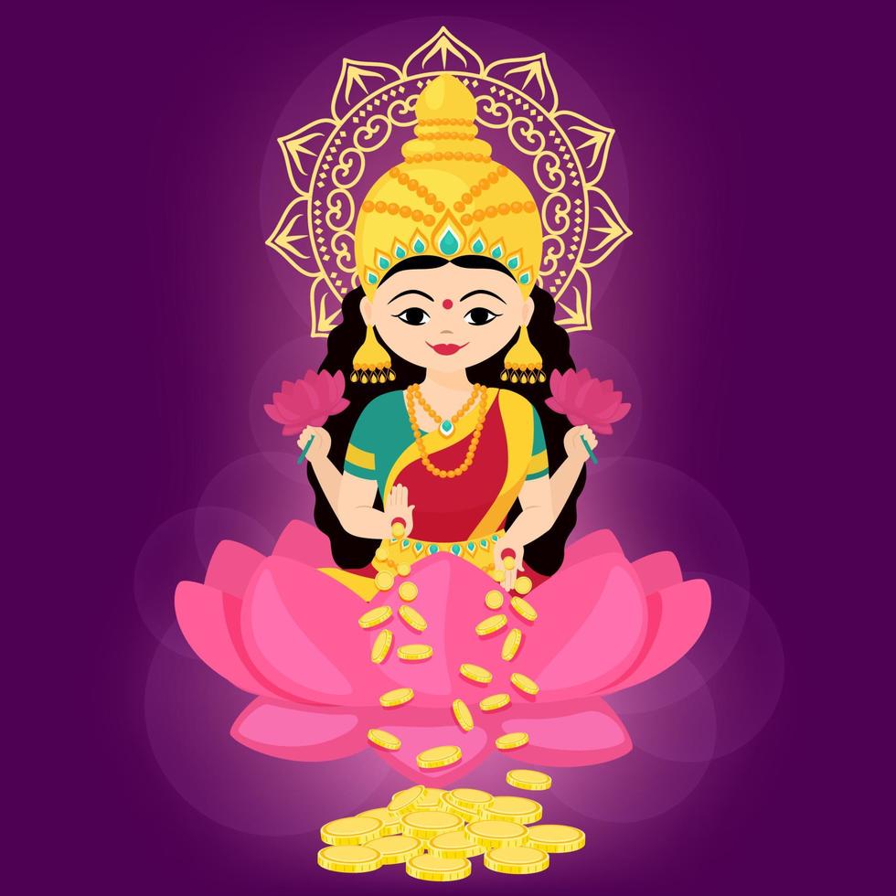 Goddess Lakshmi sitting on the lotus with of money and flowers in her hands. Vector cartoon illustration.