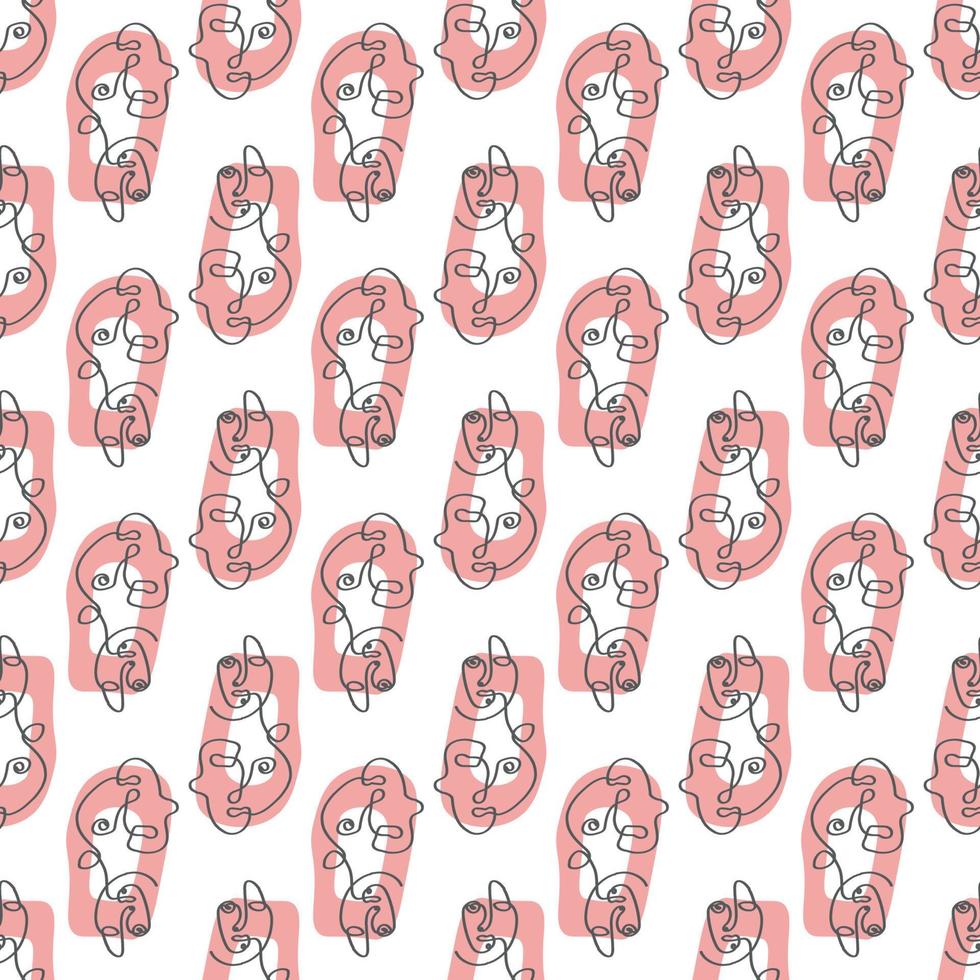 Surreal Faces One Line Seamless Pattern . Abstract Minimalistic Art design for print, cover, wallpaper, Minimal and natural wall art. Vector illustration on white background.