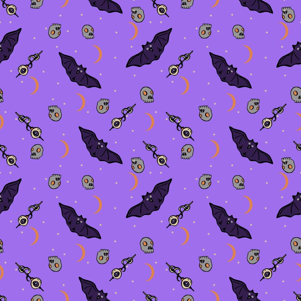 Halloween background. Vector seamless pattern with bats, skulls. Spooky season.