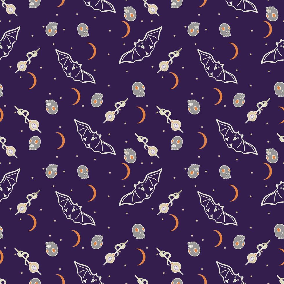 Halloween background. Vector seamless pattern with bats and skulls. Spooky season.