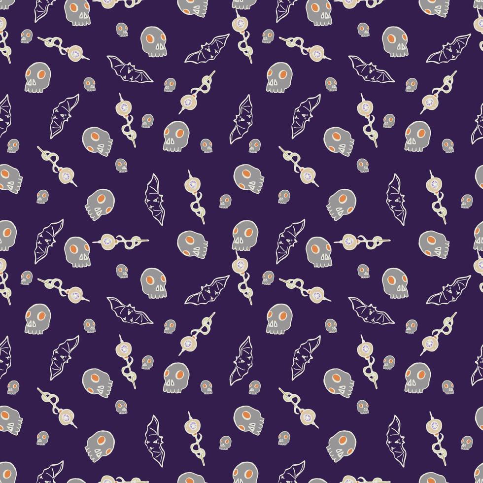 Halloween background. Vector seamless pattern with pumpkins, bats, skulls.