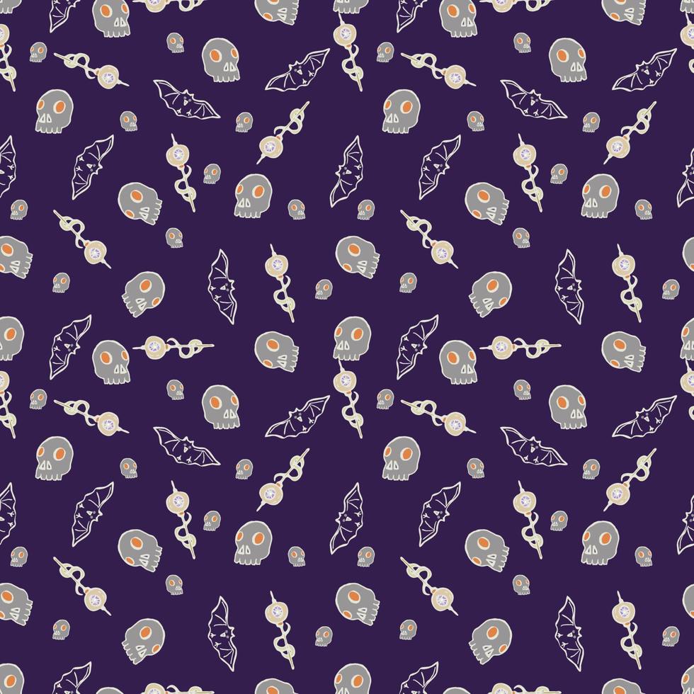 Halloween background. Vector seamless pattern with pumpkins, bats, skulls.