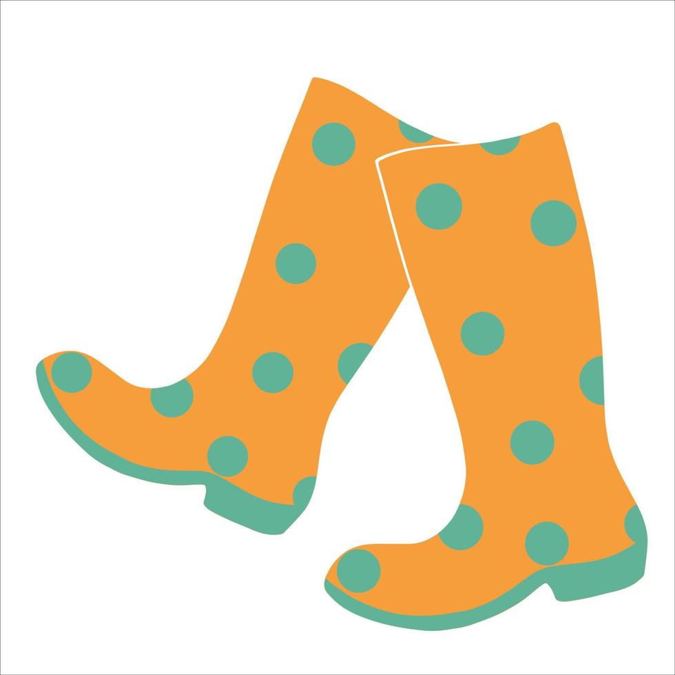 Yellow rubber boots with blue polka dots on a white background. Vector illustration. Element of autumn clothes.