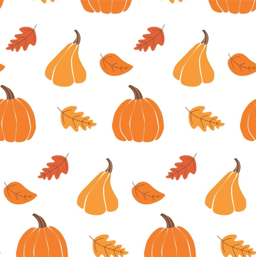 Seamless autumn pattern with pumpkins and falling leaves. Fall of colorful autumn leaves. Colorful vector art design.