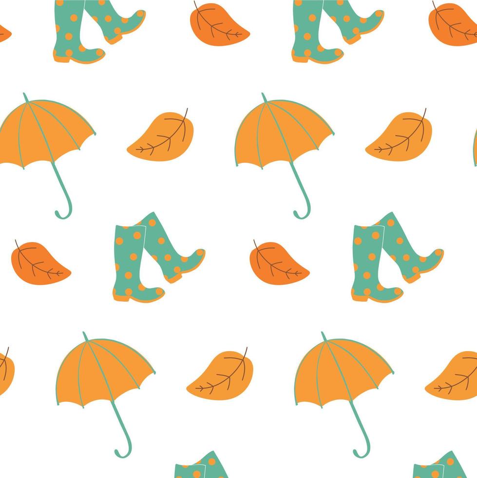 Seamless autumn pattern with polka dot rubber boots and yellow umbrellas. Fall of colorful autumn leaves. Colorful vector art design.
