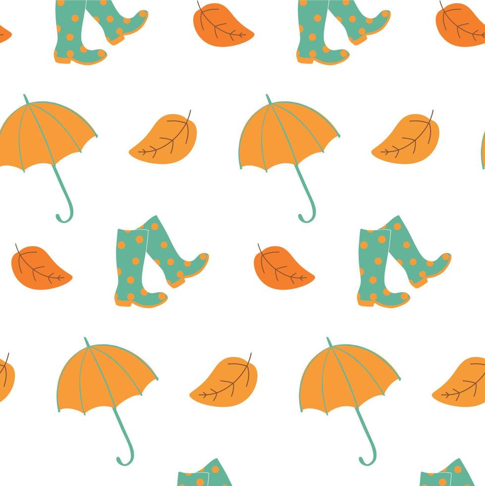 Seamless autumn pattern with polka dot rubber boots and yellow umbrellas. Fall of colorful autumn leaves. Colorful vector art design.