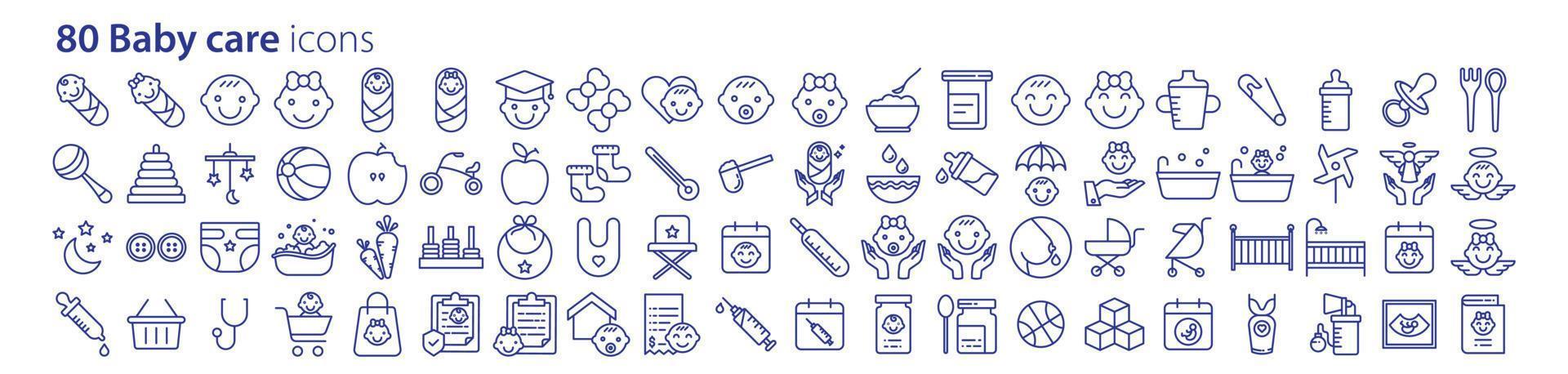 Collection of icons related to Baby birth and child care, including icons like Childhood, Pregnancy, baby Shop and more. vector illustrations, Pixel Perfect