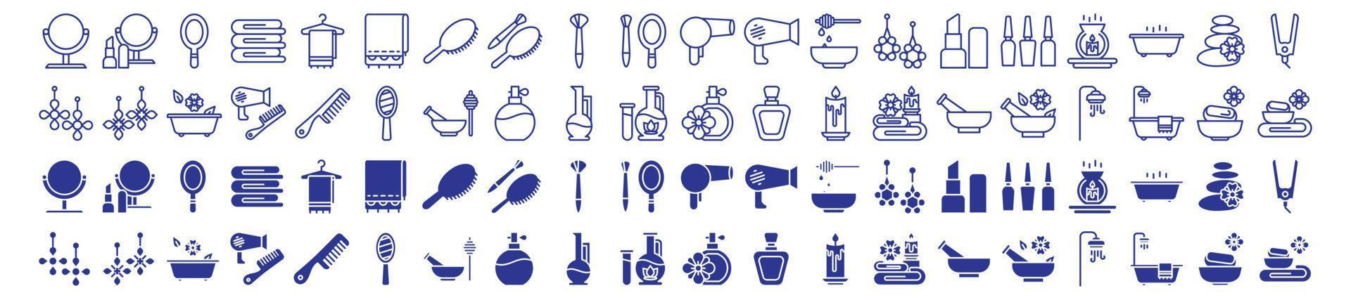 Collection of icons related to Beauty and Spa, including icons like Brush, Dryer, Mirror and more. vector illustrations, Pixel Perfect