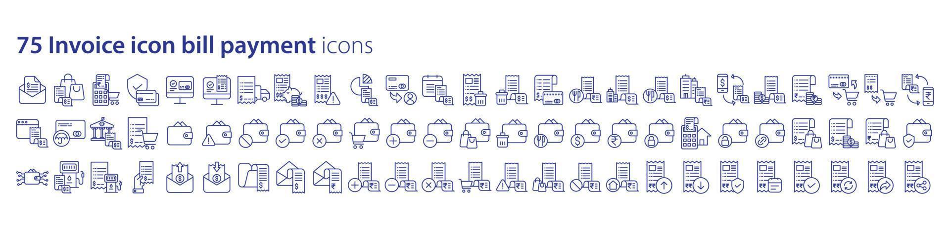 Collection of icons related to Bill payments and Invoice, including icons like Purchase, dollar, Debit card, Receipt and more. vector illustrations, Pixel Perfect