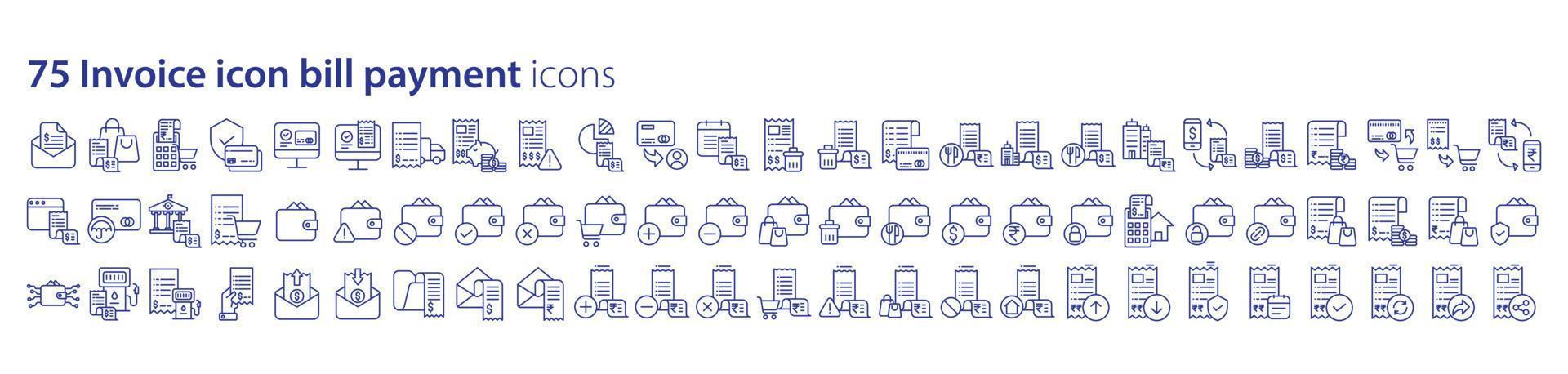 colección de íconos relacionados con pagos de facturas y facturas, incluidos íconos como compra, dólar, tarjeta de débito, recibo y más. ilustraciones vectoriales, píxeles perfectos vector