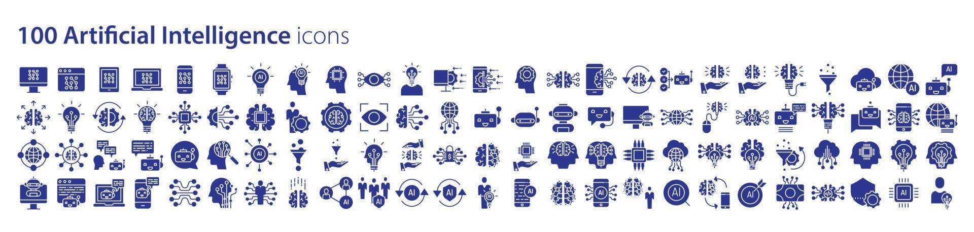 Collection of icons related to Artificial intelligence and machine learning, including icons like Monitor, web, phone, Laptop and more. vector illustrations, Pixel Perfect