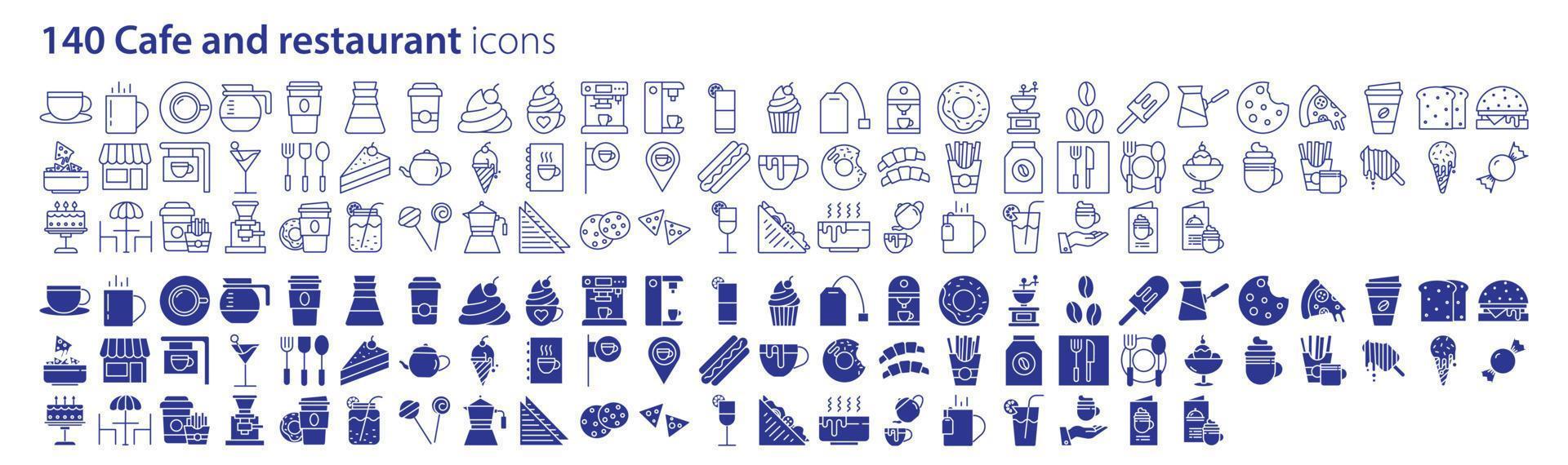 Collection of icons related to Cafe and restaurant, including icons like Coffee Mug, Juice, Pizza, Sandwich and more. vector illustrations, Pixel Perfect