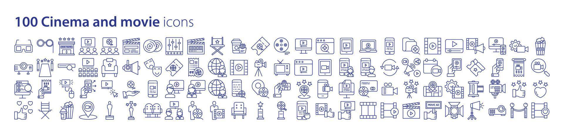 Collection of icons related to Cinema and movie, including icons like movie theater, Movie Ticket, Reel, Director and more. vector illustrations, Pixel Perfect
