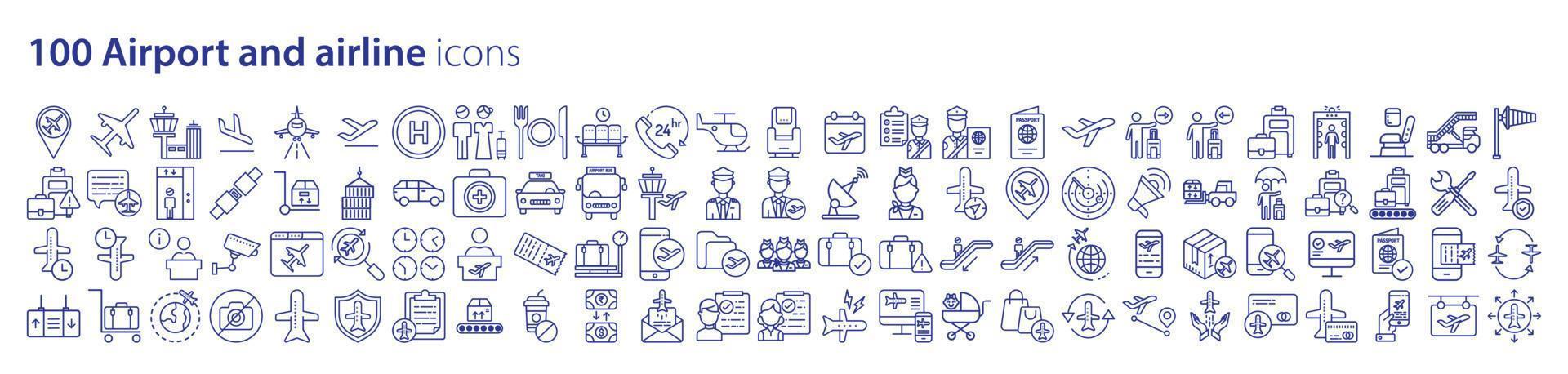Collection of icons related to Airport and airline, including icons like airplane, baggage, flight and more. vector illustrations, Pixel Perfect