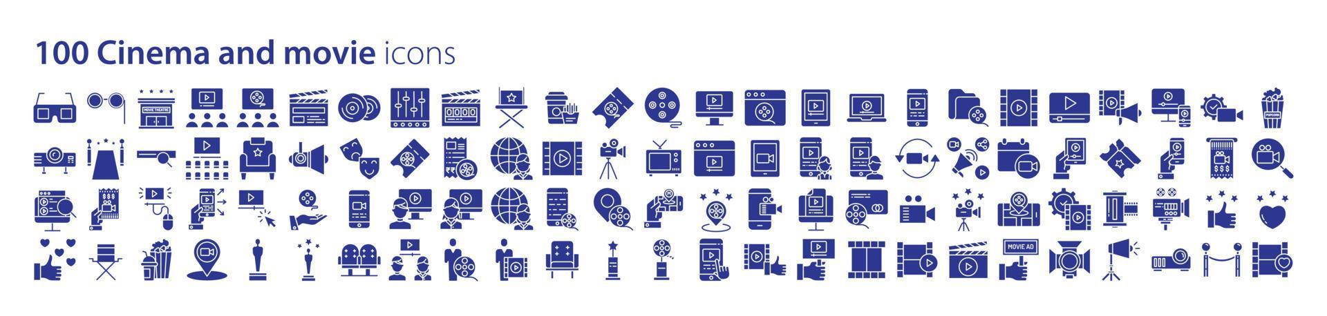 Collection of icons related to Cinema and movie, including icons like movie theater, Movie Ticket, Reel, Director and more. vector illustrations, Pixel Perfect