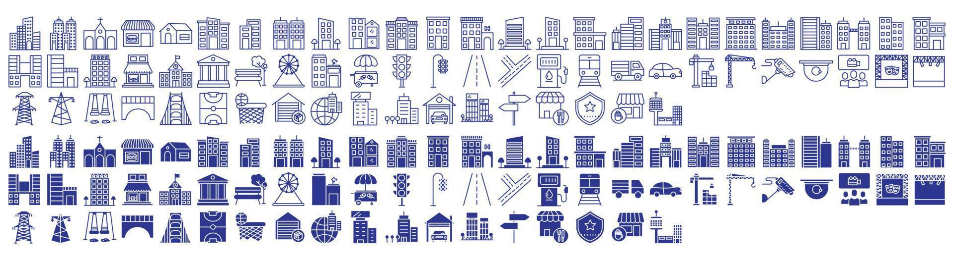 colección de íconos relacionados con la construcción y el paisaje urbano, incluidos íconos como escuela, apartamento, tienda y más. ilustraciones vectoriales, píxeles perfectos vector