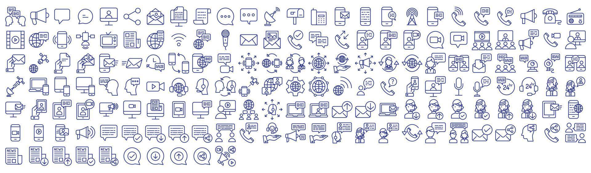 Collection of icons related to Messaging and communication, including icons like Telephone call, Radio, Mic and more. vector illustrations, Pixel Perfect