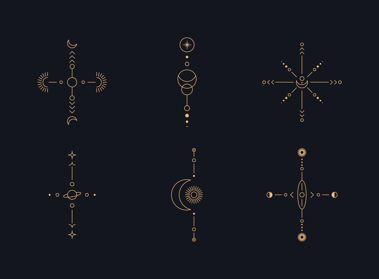 Set of moon and sun line art. Minimal boho linear symbols. Celestial mystic element. Vector line art illustration.