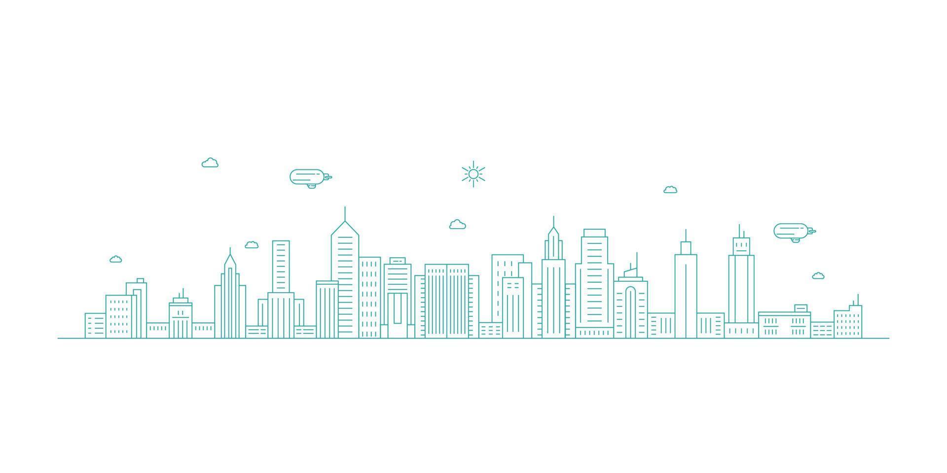 Cityscape. Modern flat line landscape vector. City landscape line art illustration with building, tower, skyscrapers. Vector illustration.