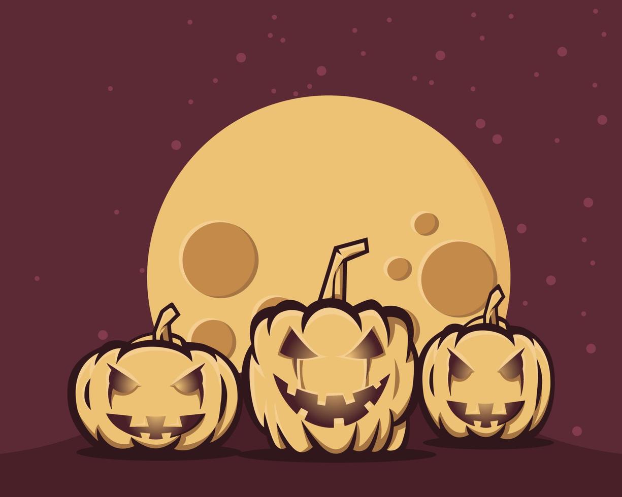 halloween en la noche con calabazas de miedo. vector de plantilla de fondo de truco o banda de rodadura