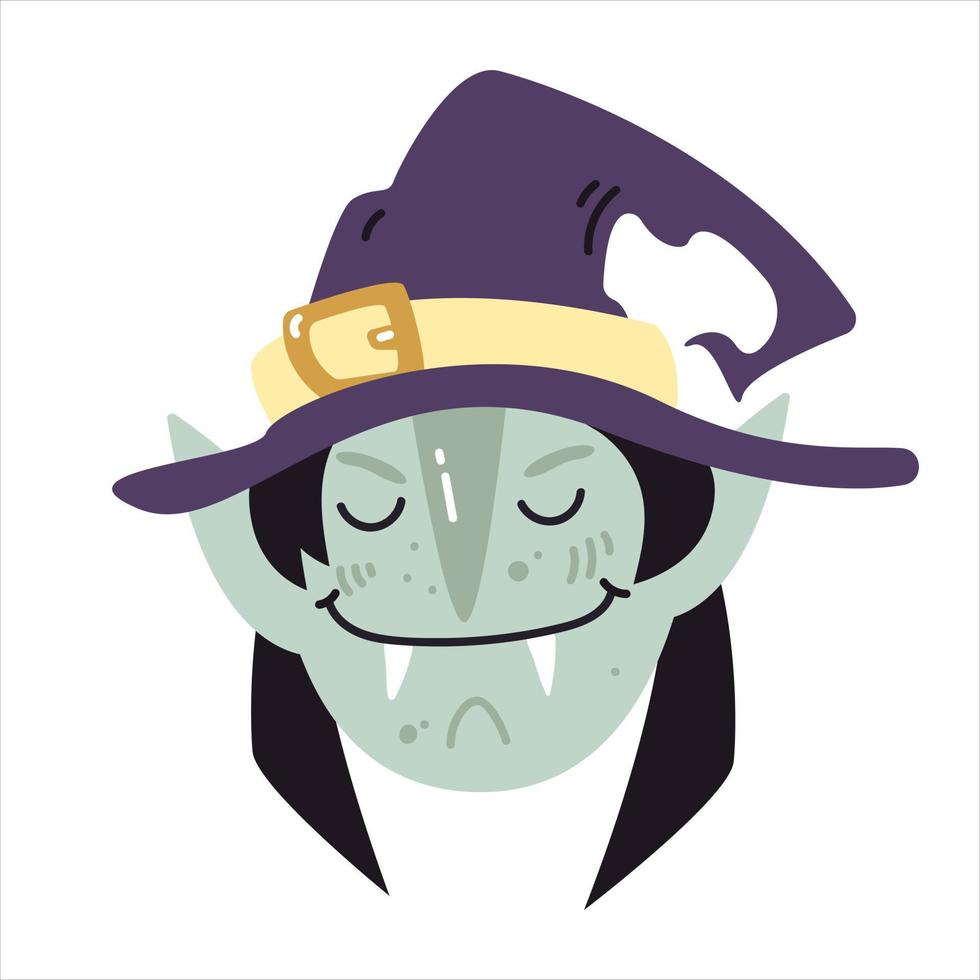 Flat doodle smiling witch in hat. Simple spooky vector art for Halloween decoration. Perfect for sticker.