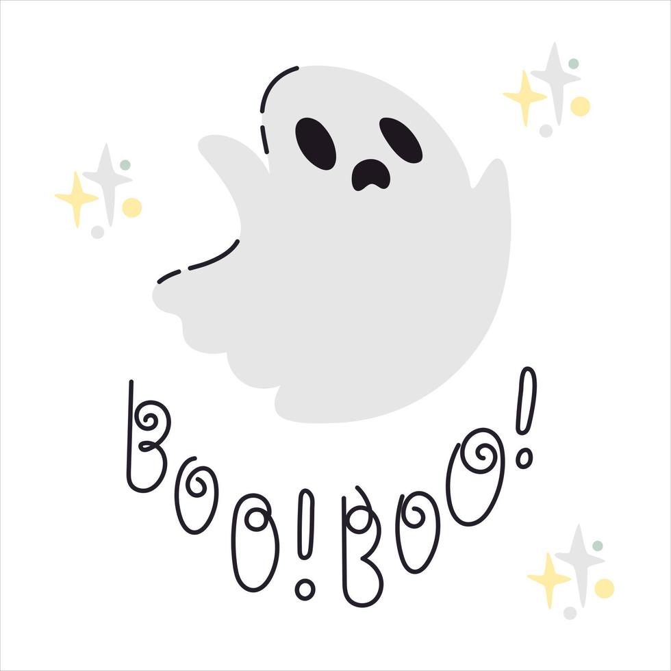 personaje fantasma estilo garabato con letras boo. icono simple para decoración espeluznante de halloween y tarjeta de felicitación vector