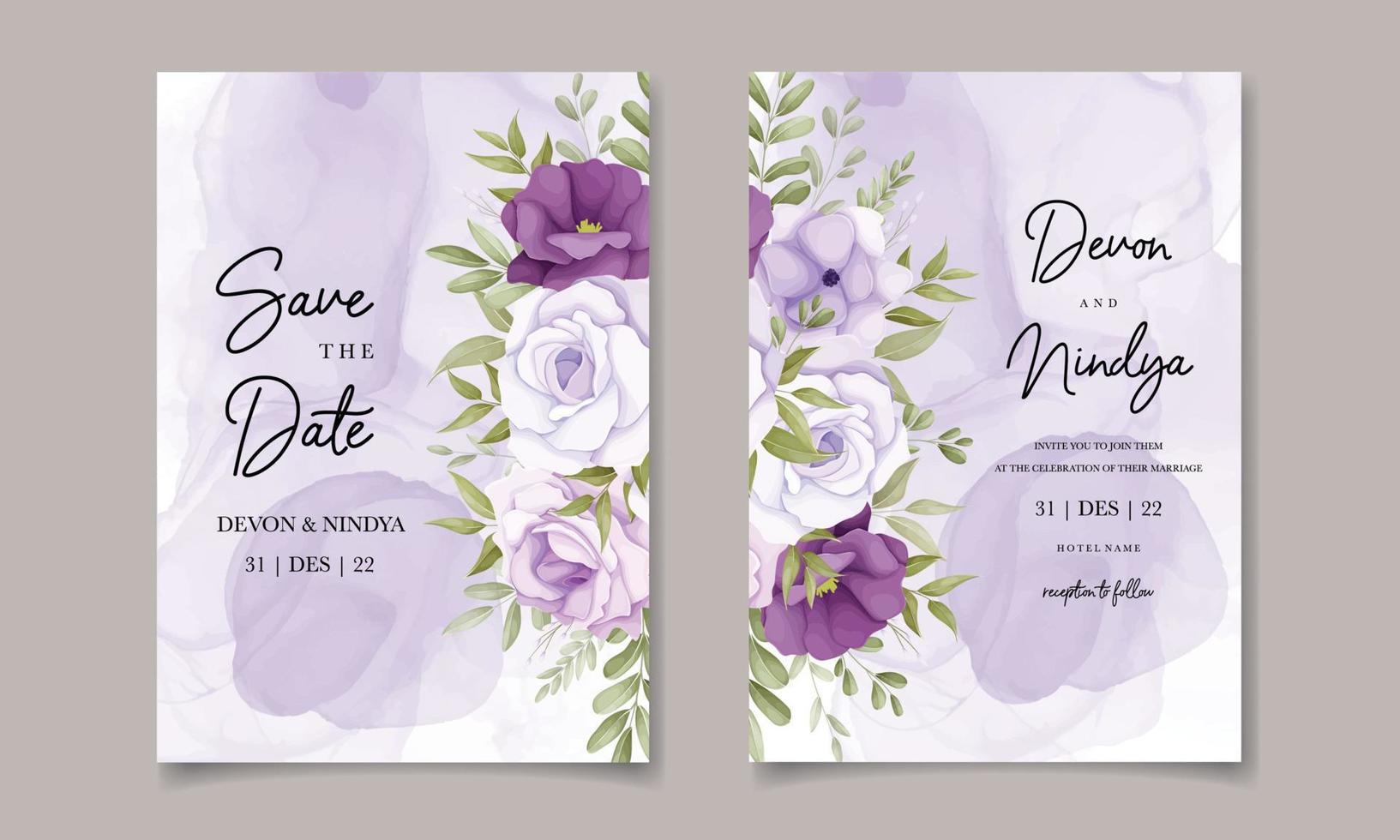 elegante tarjeta de invitación de boda con decoración de flores moradas vector