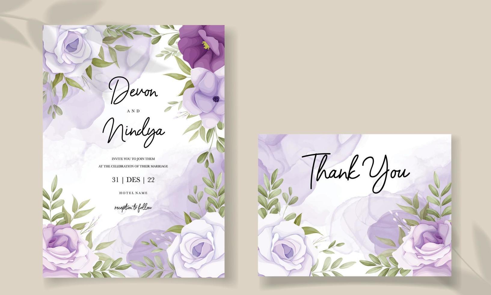 Elegant wedding invitation card with purple flower decoration vector