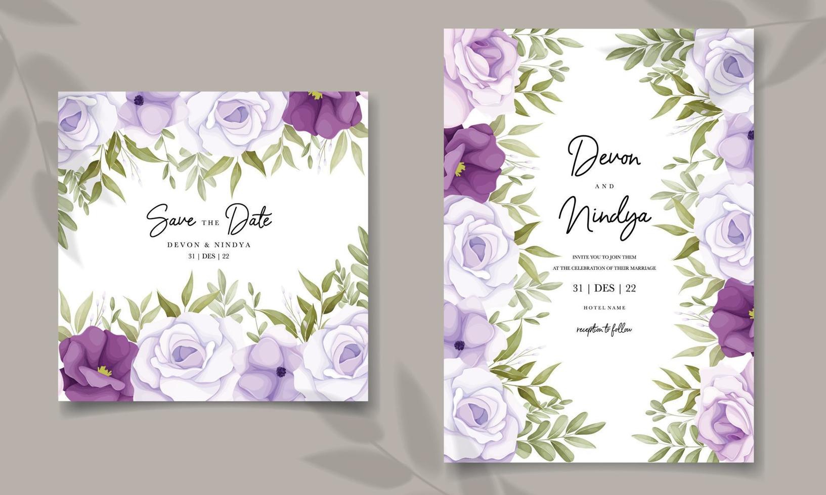 elegante tarjeta de invitación de boda con decoración de flores moradas vector