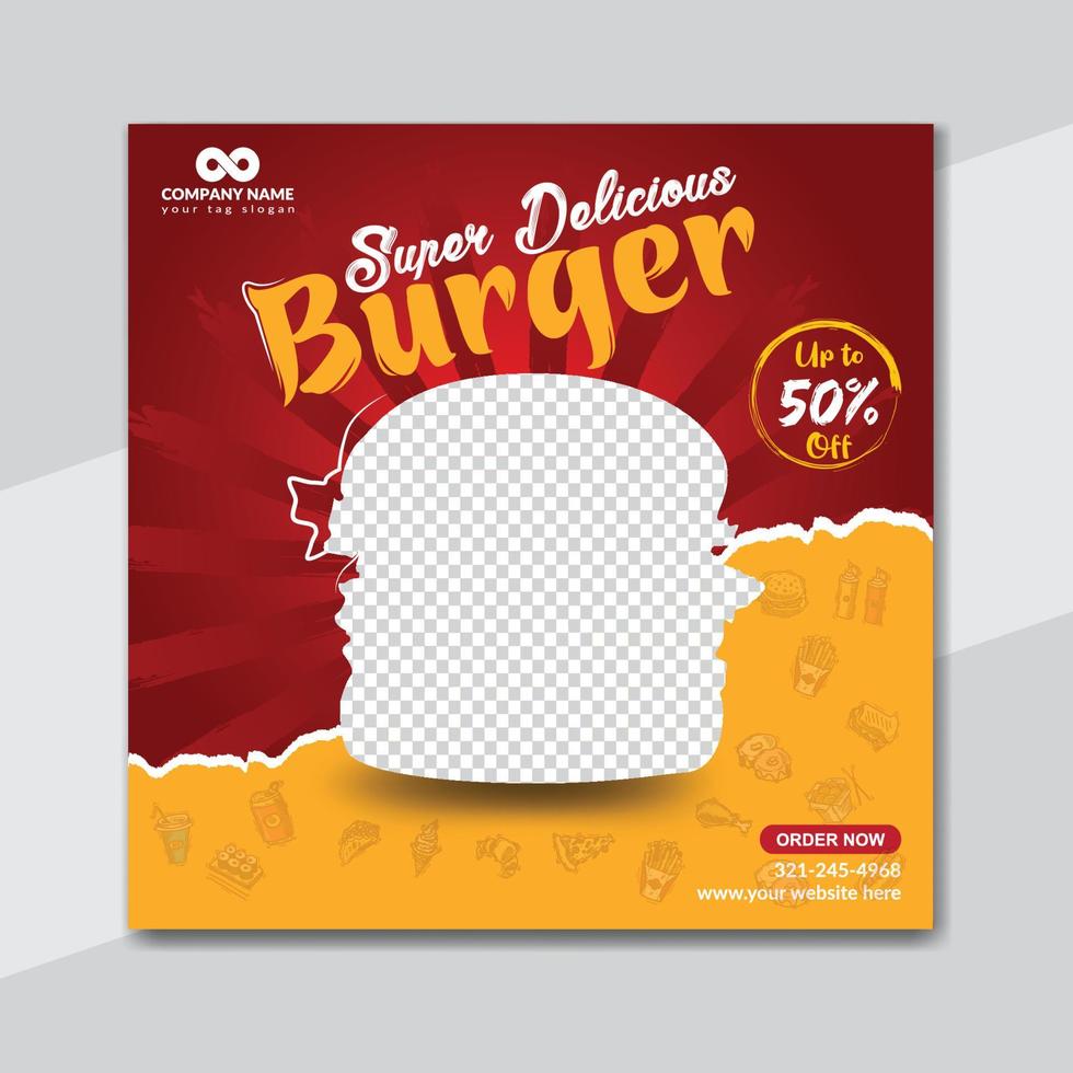 deliciosa hamburguesa y menú de comida diseño de banner de redes sociales vector