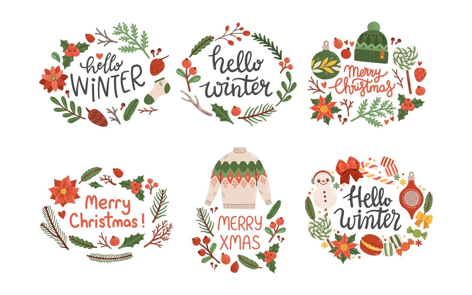 feliz navidad con corona hola invierno letras vector de diseño plano aislado