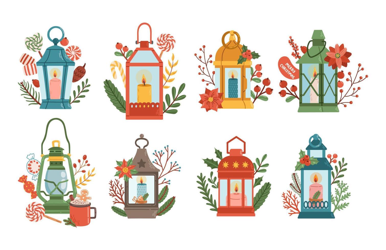 Christmas lanterns set winter decor flat design isolated on white background vector illustration